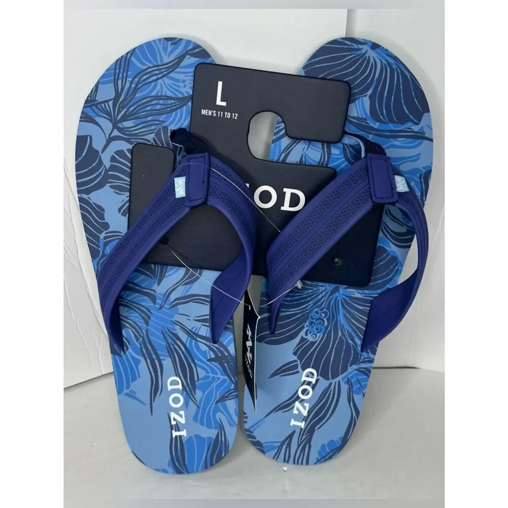 New Izod Navy/Light Blue Tropical Floral Men’s Flip Flops Various Sizes L/M